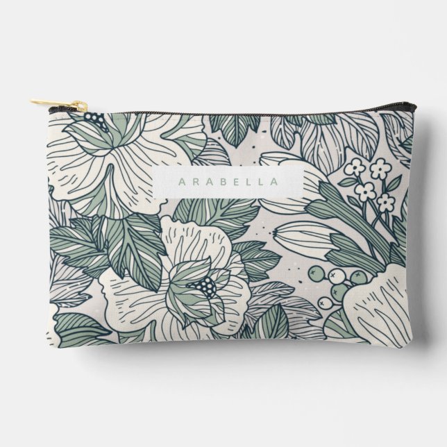 Sage Green Abstract Line Art Floral Accessory Pouch (Front)