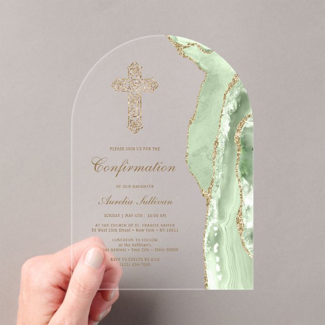 Sage Green Agate Confirmation Acrylic Invitations (Insitu (Handheld))