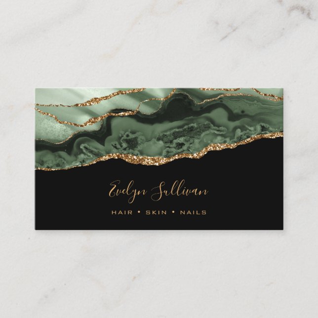 Sage green agate on black business card (Front)