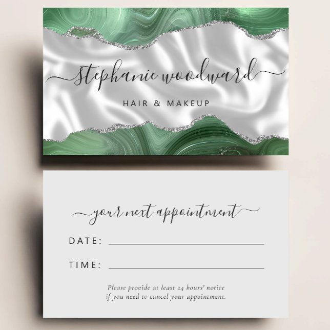 Sage Green Agate Silver Glam Stylist Appointment Business Card (Creator Uploaded)