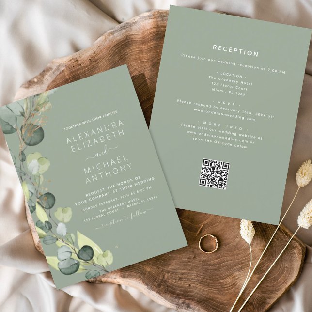 Sage Green All in One Eucalyptus QR Code Wedding Invitation (Creator Uploaded)