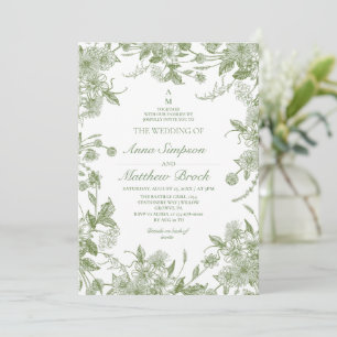 Sage Green All in One French Wild florals Wedding Invitation
