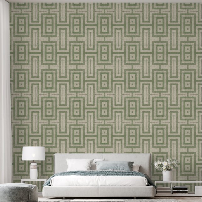 Sage Green and Beige MCM Modern Print  Wallpaper (Bedroom)