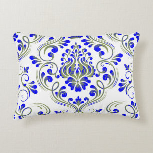 Sage Green and Blue Damask Floral Pattern Elegant  Accent Pillow