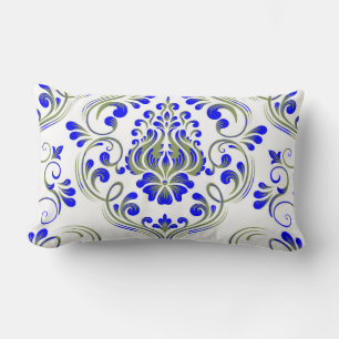 Sage Green and Blue Damask Floral Pattern Elegant Lumbar Pillow