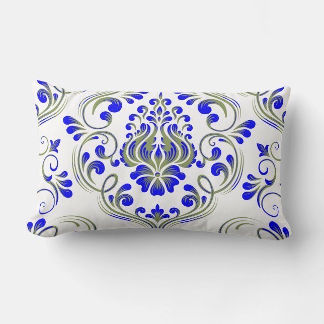 Sage Green and Blue Damask Floral Pattern Elegant  Lumbar Pillow (Front)