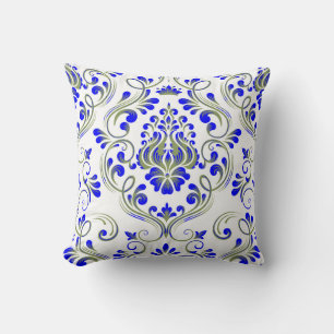 Sage Green and Blue Damask Floral Pattern Elegant  Throw Pillow