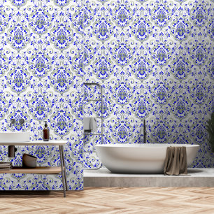 Sage Green and Blue Damask Floral peel and stick Wallpaper