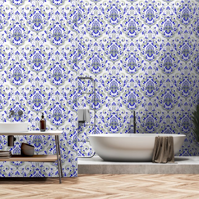 Sage Green and Blue Damask Floral peel and stick Wallpaper (Bathroom)