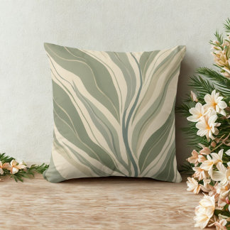 Sage Green and Cream Abstract Leaves Pattern Throw Pillow