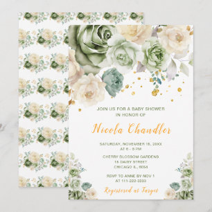 Sage Green and Cream Floral Baby Shower Invitation