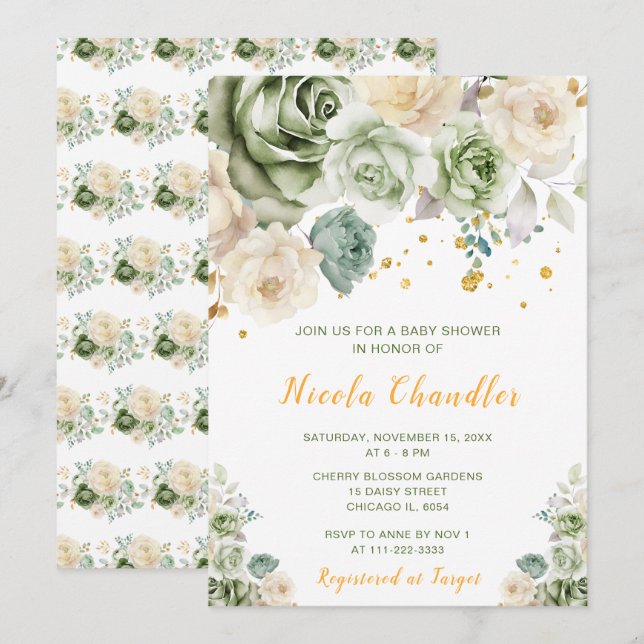 Sage Green and Cream Floral Baby Shower Invitation (Front/Back)
