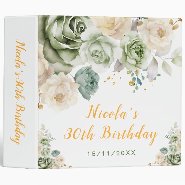 Sage Green and Cream Floral Birthday Party Binder (Front/Spine)
