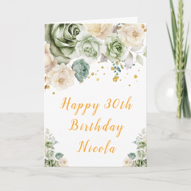 Sage Green and Cream Floral Happy Birthday Card (Front)