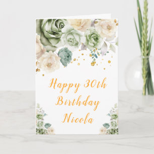 Sage Green and Cream Floral Happy Birthday Card