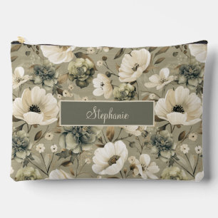 Sage Green And Cream Floral Personalized Accessory Pouch