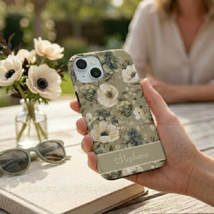 Sage Green And Cream Floral Personalized iPhone 15 Case