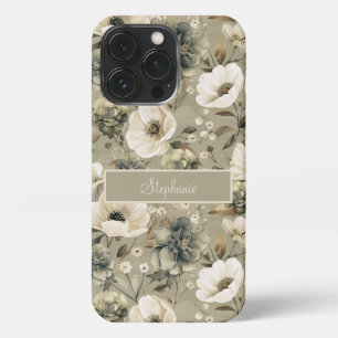 Sage Green And Cream Floral Personalized iPhone 13 Pro Case