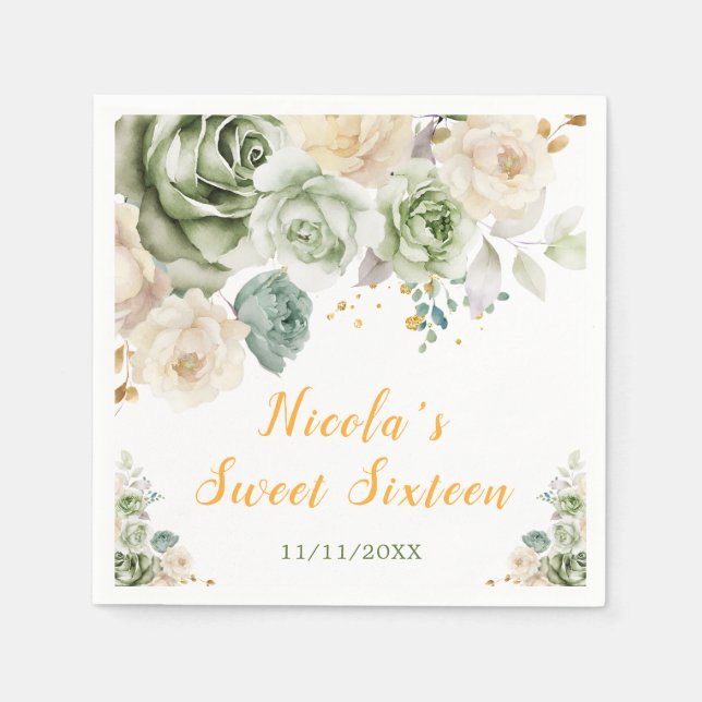 Sage Green and Cream Floral Sweet Sixteen Napkin (Front)