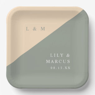 Sage Green And Cream Minimalist Monogram Wedding Paper Plate