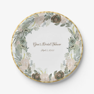 Sage Green and Creamy Vanilla Watercolor Flowers  Paper Plate