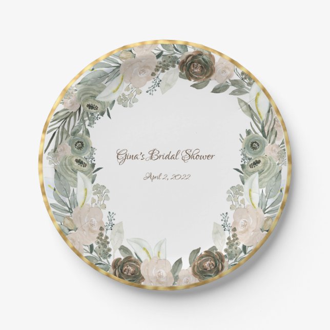 Sage Green and Creamy Vanilla Watercolor Flowers  Paper Plate (Front)