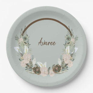 Sage Green and Creamy Vanilla Watercolor Flowers Paper Plate