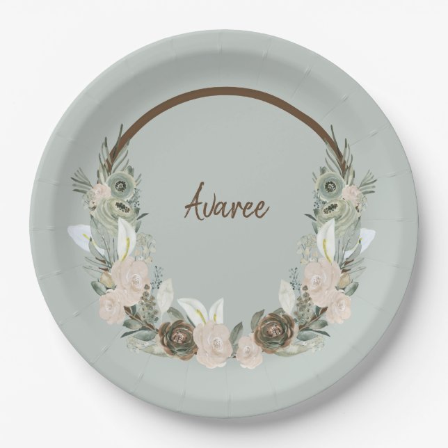 Sage Green and Creamy Vanilla Watercolor Flowers Paper Plate (Front)