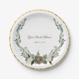 Sage Green and Creamy Vanilla Watercolor Flowers   Paper Plate