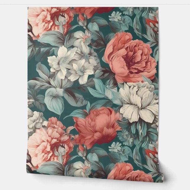 Sage Green and Dusty Rose Vintage Peonies Wallpaper (Unrolling)