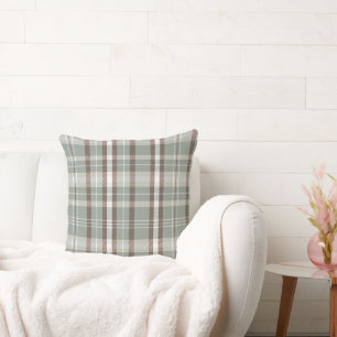Sage green and Earth tones Neutral plaid design Throw Pillow