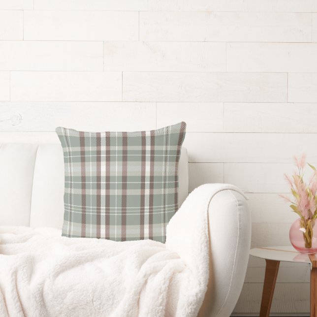 Sage green and Earth tones Neutral plaid design Throw Pillow (Couch)