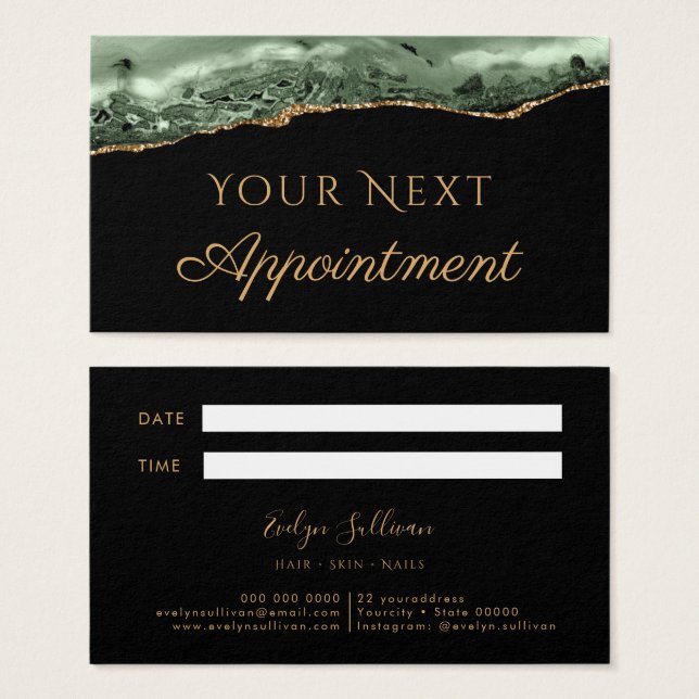 Sage green and gold agate appointment card (Front & Back)