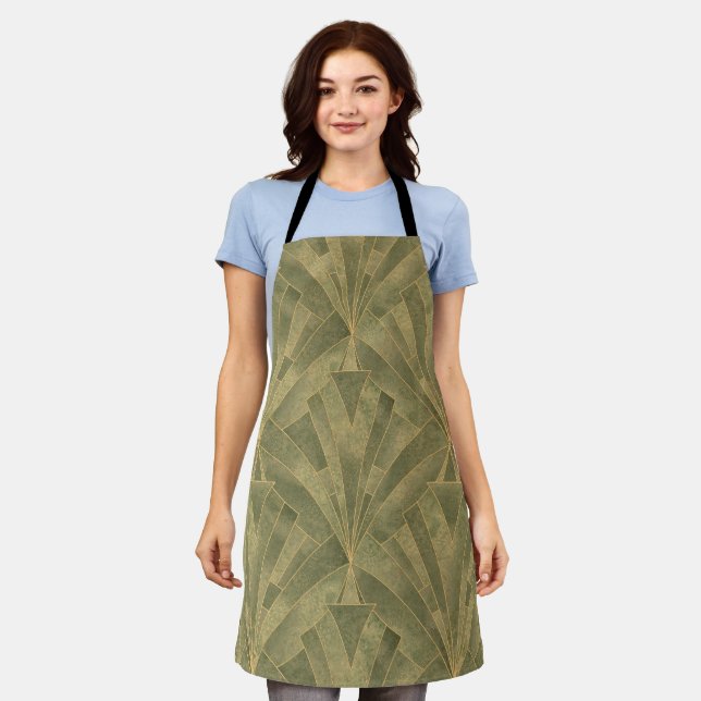 Sage Green and Gold Art Deco Pattern Apron (Worn)