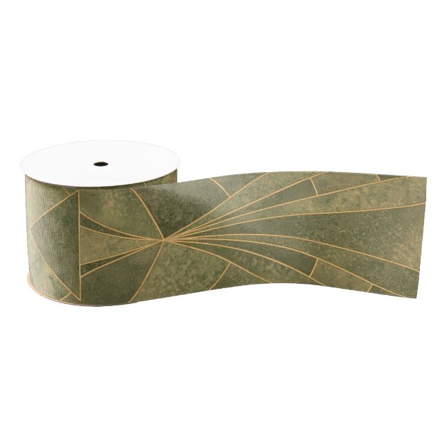 Sage Green and Gold Art Deco Pattern Grosgrain Ribbon (Spool)