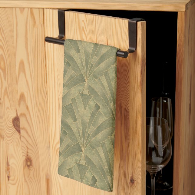 Sage Green and Gold Art Deco Pattern Kitchen Towel (Thirds Fold)