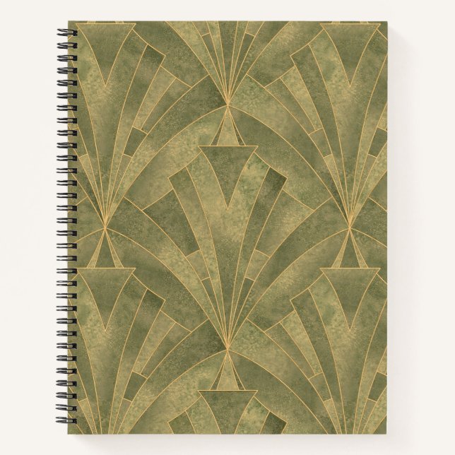 Sage Green and Gold Art Deco Pattern Notebook (Front)