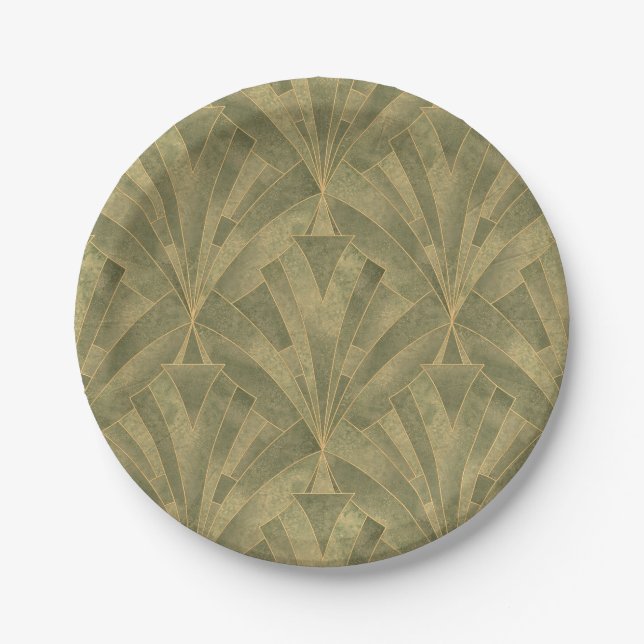Sage Green and Gold Art Deco Pattern Paper Plate (Front)