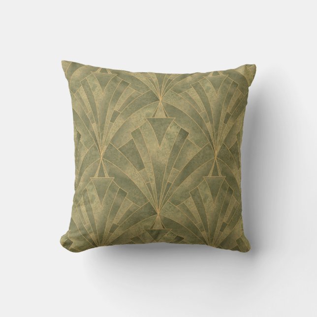 Sage Green and Gold Art Deco Pattern Throw Pillow (Front)