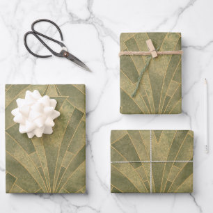 Sage Green and Gold Art Deco Pattern Wrapping Paper Sheet
