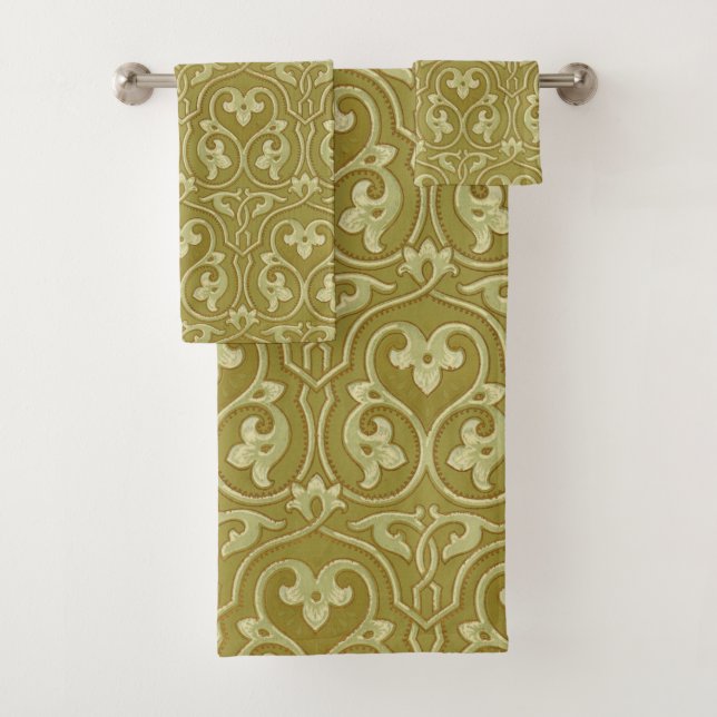 Sage Green and Gold Art Nouveau Pattern Bath Towel Set (Insitu)