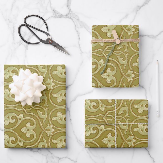 Sage Green and Gold Art Nouveau Pattern Wrapping Paper Sheet (Front)