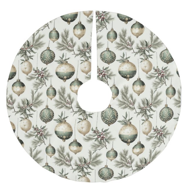 Sage Green and Gold Christmas Ornaments Brushed Polyester Tree Skirt (Front)