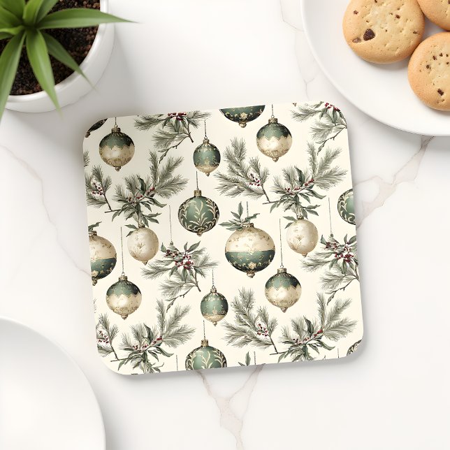 Sage Green and Gold Christmas Ornaments  Coaster (Creator Uploaded)