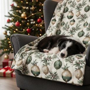 Sage Green and Gold Christmas Ornaments Fleece Blanket