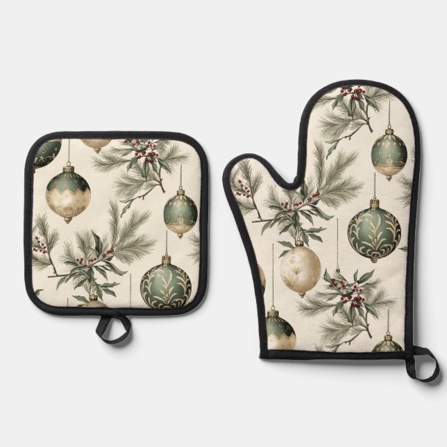 Sage Green and Gold Christmas Ornaments Oven Mitt & Pot Holder Set (Front)