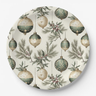 Sage Green and Gold Christmas Ornaments Paper Plate