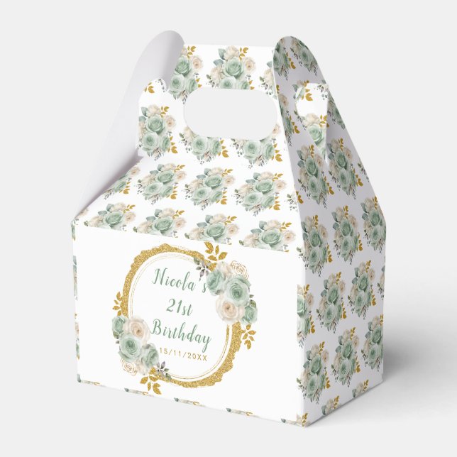 Sage Green and Gold Elegant Flowers Birthday Favor Box (Front Side)