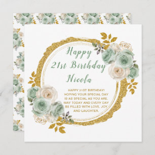 Sage Green and Gold Elegant Flowers Birthday Party Card