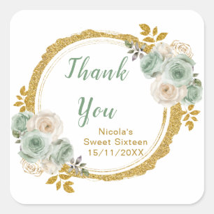 Sage Green and Gold Elegant Flowers Birthday Party Square Sticker
